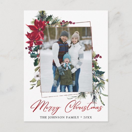 Elegante Kerst Poinsettia Lijst Foto Groet Briefkaart (Voorkant)
