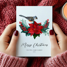 Elegante Kerst Poinsettia Vogel Niet-Foto Feestdagenkaart