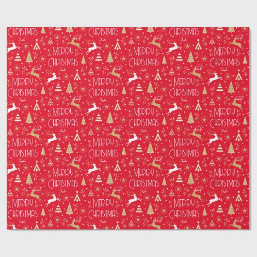 Elegante kerst rendier aangepaste naam rood goud cadeaupapier (Vlak)