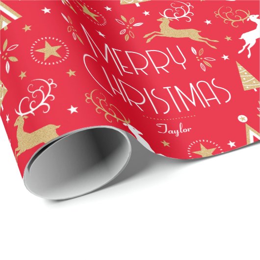 Elegante kerst rendier aangepaste naam rood goud cadeaupapier (Rol Hoek)