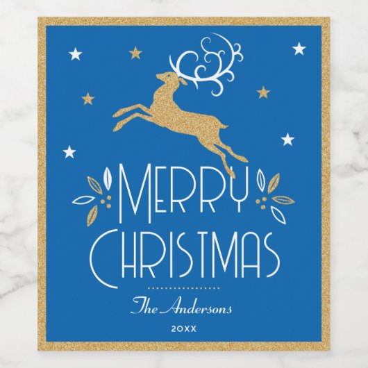 Elegante kerst rendieren feestelijk blauw goud wijn etiket (Enkel label)