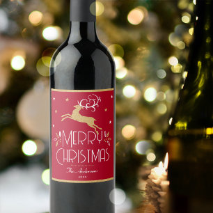 Elegante kerst rendieren feestelijk donkerrood gou wijn etiket