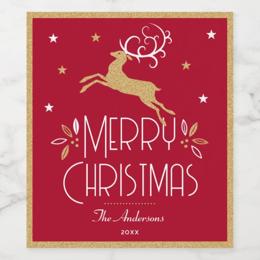 Elegante kerst rendieren feestelijk donkerrood gou wijn etiket (Enkel label)