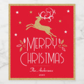 Elegante kerst rendieren feestelijk rood goud wijn etiket (Enkel label)