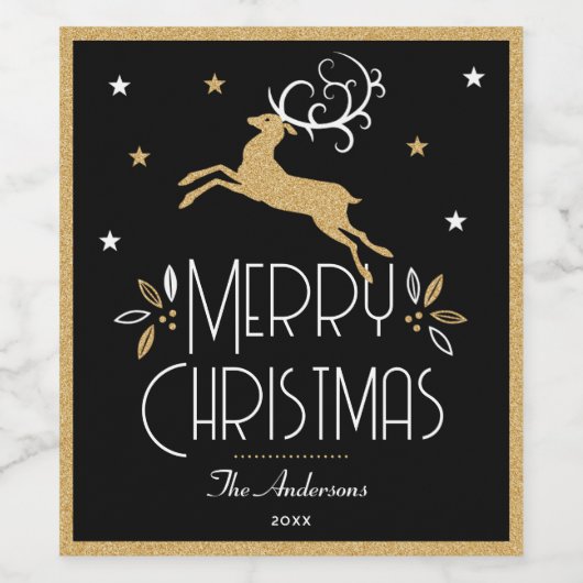 Elegante kerst rendieren feestelijk zwart goud wijn etiket (Enkel label)