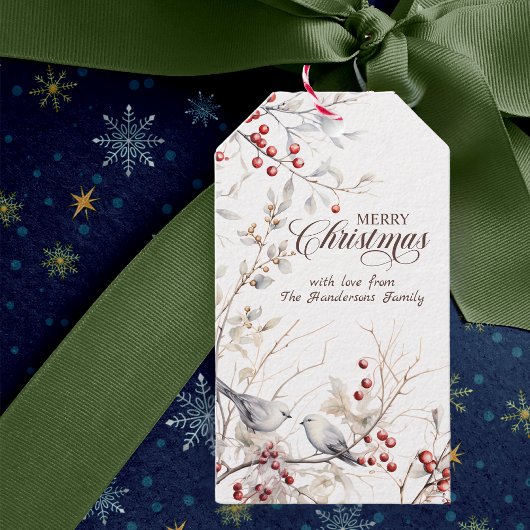 Elegante kerst rode bessen vogels cadeaulabel