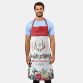 Elegante Kerst rode bloemen familienaam monogram Schort (Gedragen)