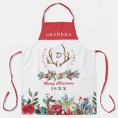 Elegante Kerst rode bloemen familienaam monogram Schort (Voorkant)