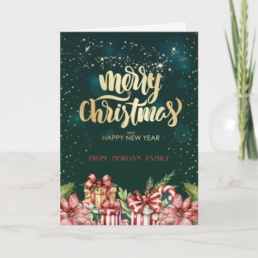 Elegante Kerst Rode Cadeaus Poinsettia Feestdagen Kaart (Voorkant)