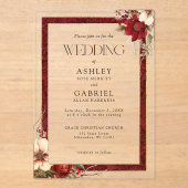 Elegante Kerst Rode Damast Bloemen Acryl Uitnodigingen (Voorkant)