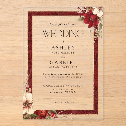 Elegante Kerst Rode Damast Bloemen Acryl Uitnodigingen (Voorkant)