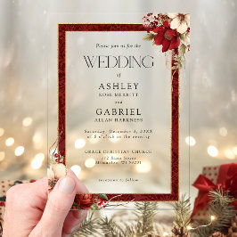 Elegante Kerst Rode Damast Bloemen Acryl Uitnodigingen