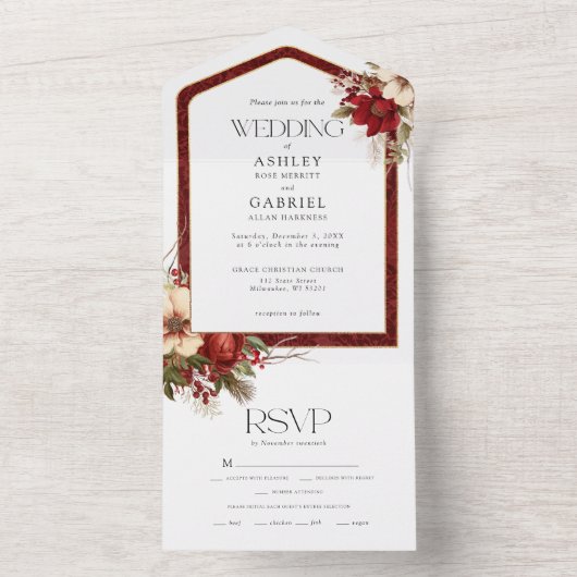 Elegante Kerst Rode Damast Bloemen All In One Uitnodiging (Binnen)