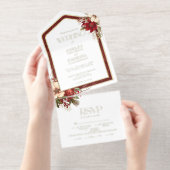 Elegante Kerst Rode Damast Bloemen All In One Uitnodiging (Uittrekbaar)