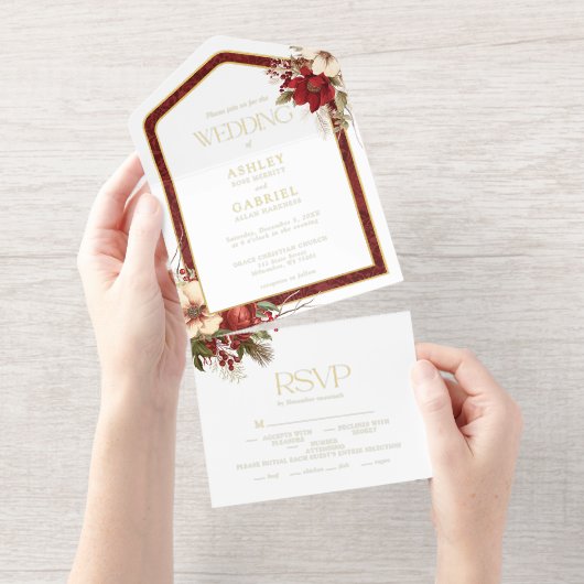 Elegante Kerst Rode Damast Bloemen All In One Uitnodiging (Uittrekbaar)