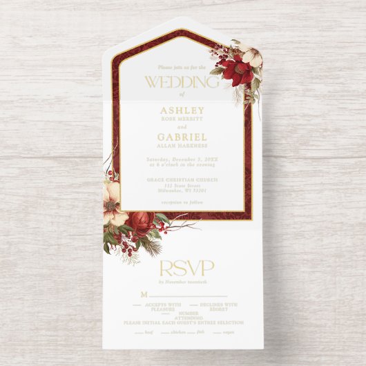 Elegante Kerst Rode Damast Bloemen All In One Uitnodiging (Binnenkant)