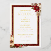 Elegante Kerst Rode Damast Bloemen Folie Uitnodiging (Voorkant)