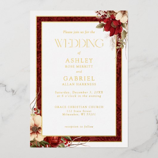 Elegante Kerst Rode Damast Bloemen Folie Uitnodiging (Voorkant)