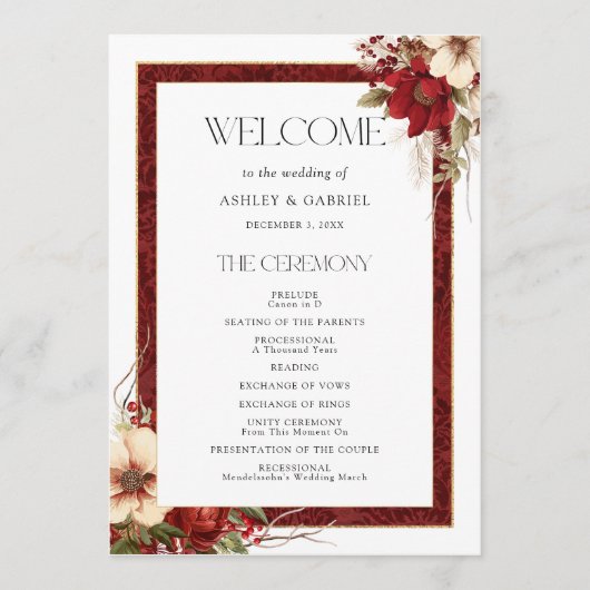 Elegante Kerst Rode Damast Bloemen Programmakaart (Voorkant)