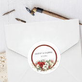 Elegante Kerst Rode Damast Bloemen Ronde Sticker
