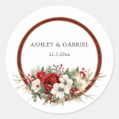 Elegante Kerst Rode Damast Bloemen Ronde Sticker (Voorkant)