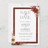 Elegante Kerst Rode Damast Bloemen Save The Date (Voorkant)