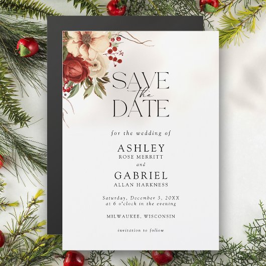 Elegante Kerst Rode Damast Bloemen Save the Date Magnetische Uitnodiging