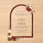 Elegante Kerst Rode Damast Bloemenboog Acryl Uitnodigingen (Voorkant)