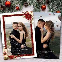 Elegante Kerst Rode Damast Bloemenfoto Save The Date