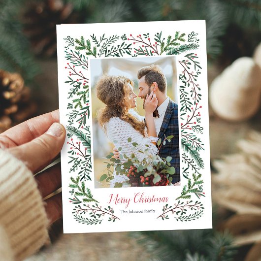 Elegante kerst rode groene dennenboom krans Foto Feestdagenkaart