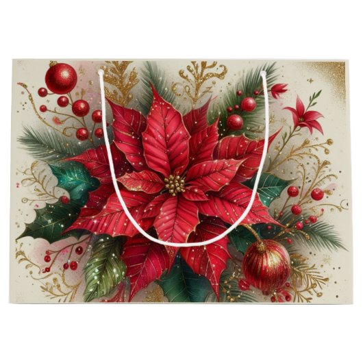 Elegante Kerst Rode Poinsettia Bloem Gift Bag Groot Cadeauzakje (Voorkant)