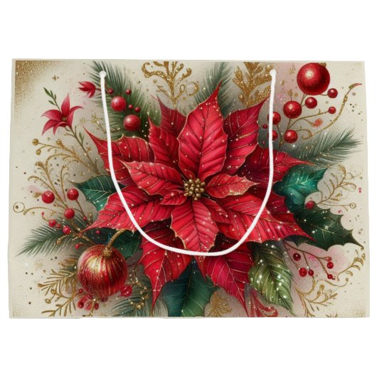 Elegante Kerst Rode Poinsettia Bloem Gift Bag Groot Cadeauzakje (Achterkant)