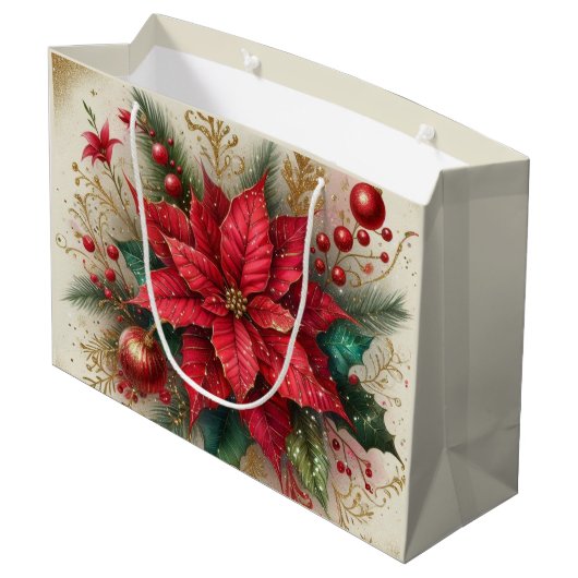 Elegante Kerst Rode Poinsettia Bloem Gift Bag Groot Cadeauzakje (Achterkant Gekanteld)