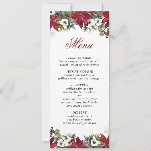 Elegante Kerst Rode Poinsettia Wedding Menu Kaart (Voorkant)