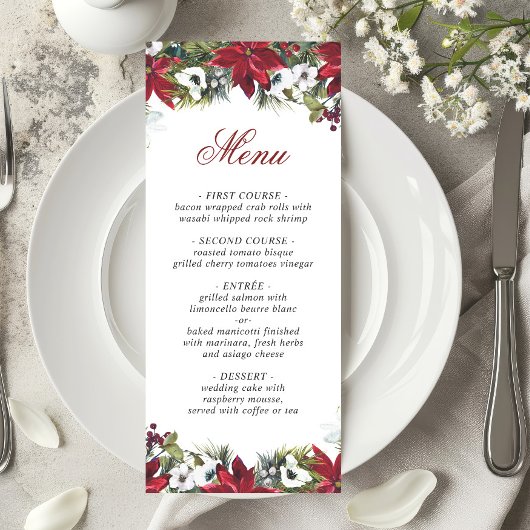Elegante Kerst Rode Poinsettia Wedding Menu Kaart