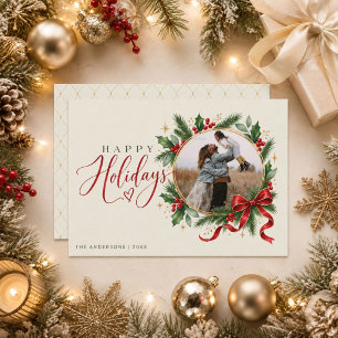 Elegante Kerst Rode Strik Krans Foto Feestdagenkaart