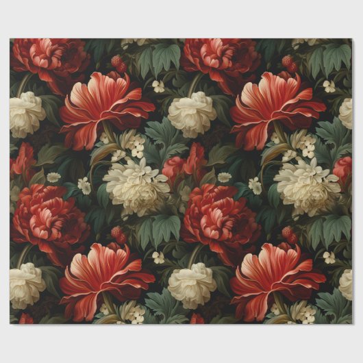 Elegante kerst rood & crème bloemen decoupage cadeaupapier (Vlak)