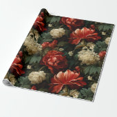 Elegante kerst rood & crème bloemen decoupage cadeaupapier (Uitgerold)