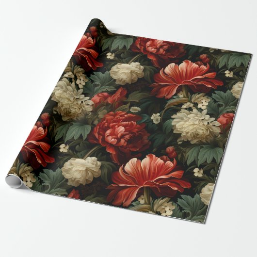 Elegante kerst rood & crème bloemen decoupage cadeaupapier (Uitgerold)