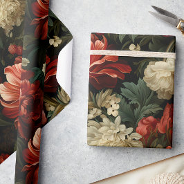 Elegante kerst rood & crème bloemen decoupage cadeaupapier