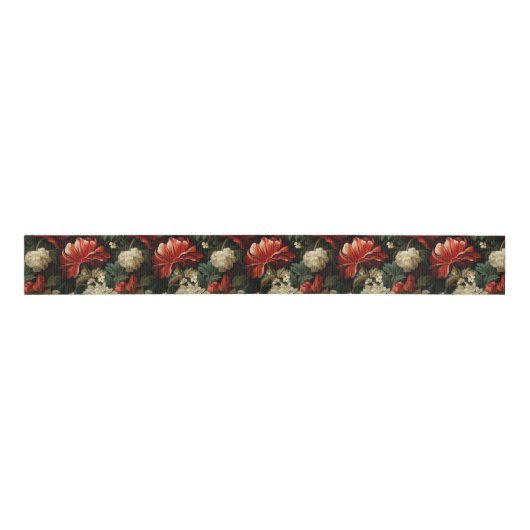 Elegante Kerst Rood & Crème Bloemen Grosgrain Lint (Voorkant)
