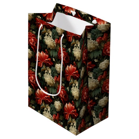 Elegante Kerst Rood & Crème Bloemen Medium Cadeauzakje (Voorkant Gekanteld)