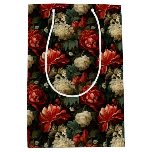 Elegante Kerst Rood & Crème  Bloemen Medium Cadeauzakje (Voorkant)