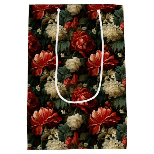 Elegante Kerst Rood & Crème Bloemen Medium Cadeauzakje (Achterkant)