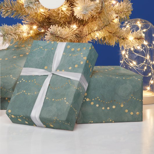 Elegante kerst slingerlichten goud/teal cadeaupapier (Feestdagen)