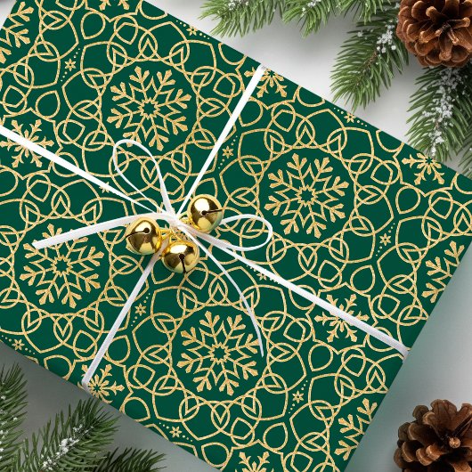 Elegante Kerst Sneeuwvlok Faux Gold Green Cadeaupapier
