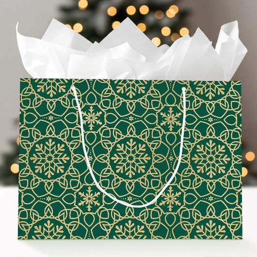 Elegante Kerst Sneeuwvlok Faux Gold Green Groot Cadeauzakje