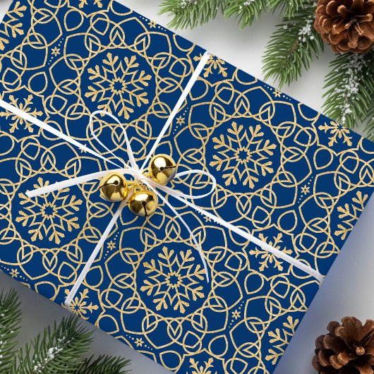Elegante Kerst Sneeuwvlok Faux Gold Navy Cadeaupapier