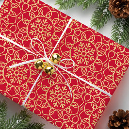 Elegante Kerst Sneeuwvlok Faux Gold Red Cadeaupapier