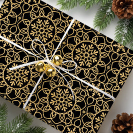 Elegante Kerst Sneeuwvlok Faux Gold Zwart Cadeaupapier